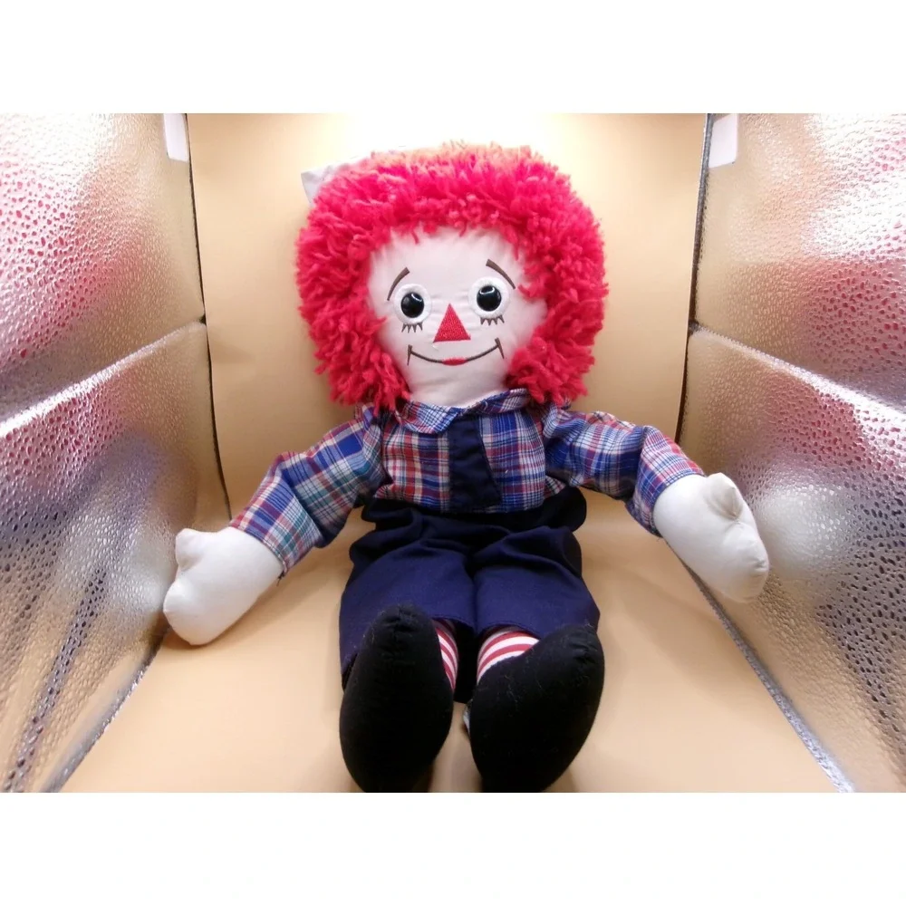 Vintage Raggedy Andy Plush Doll Red Yarn Hair Sailor Hat Plaid Shirt 1988 16in